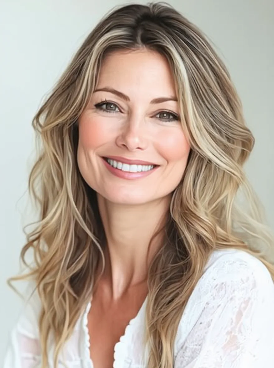Voluminous Wavy Sandy Blonde Layers with Subtle Lowlights
